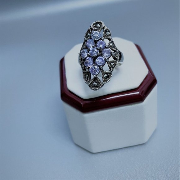 Simulated Tanzanite Marcasite Cluster Large Heavy Cocktail Ring 8 VGC - Picture 6 of 12